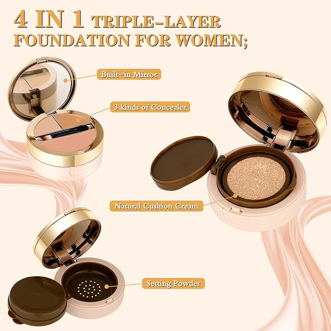 Essential Cushion Foundation, Essential Skin Nuder Cushion, 4-in-1 Triple Layer Korean Skin Care & Face Beauty Makeup, Suit for All Skin Types, (Concealer, Cushion Cream, Setting Powder), #02-NATURAL