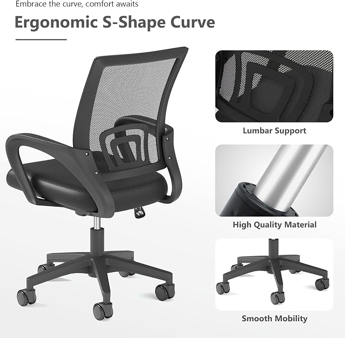 Home Office Chairs, Ergonomic Mid-Back Mesh Desk Chairs with Lumbar Support, Adjustable Swivel Rolling Design, Comfy Armrest for Work, Study, Gaming, Vanity, Black, 2 Pack