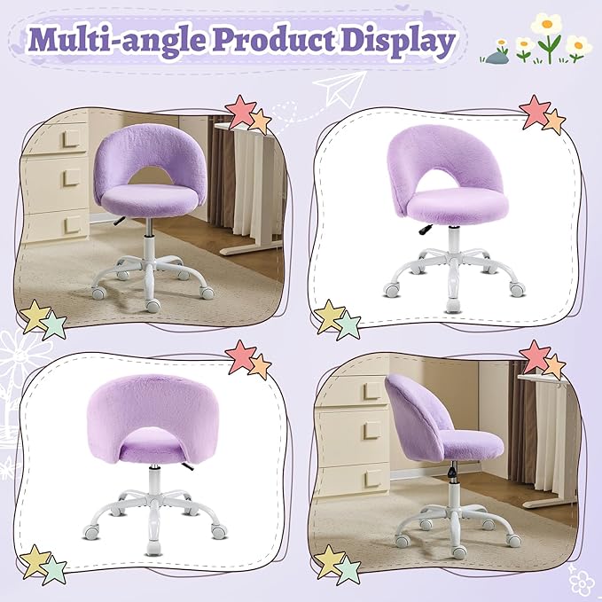 VINGLI Small Vanity Chair with Faux Fur Wheels for Girls,Cute Adjustable Height Armless Office Desk Chair,360°Swivel Comfy Rolling for Study,Make up Room,Small Space,Purple