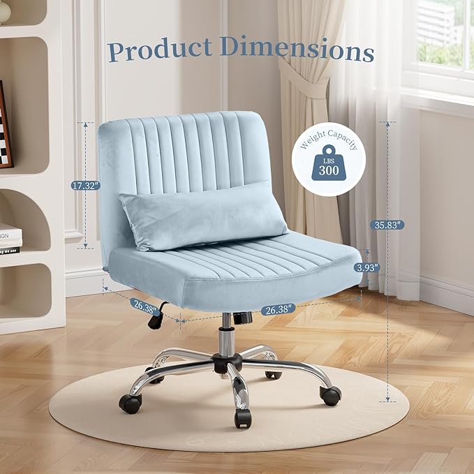 Criss Cross Office Chair with Wheels, Velvet Cross Legged Desk Chair for Bedroom, Armless Computer Chair, Modern Vanity Chair, Festival for Adults, Light Blue