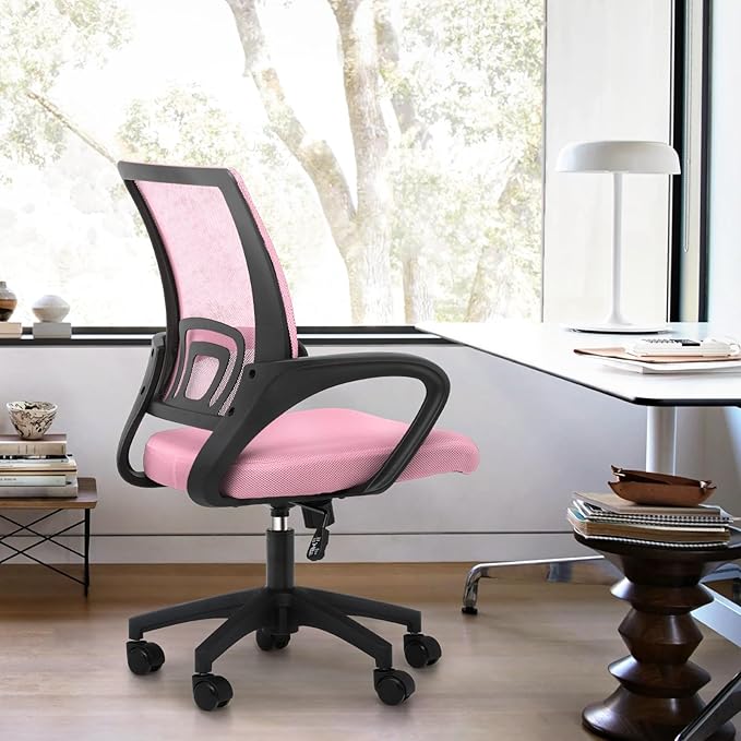 Magshion Ergonomic Office Desk Chair, Mid-Back Mesh Computer Chair, Swivel Chair with Breathable Backrest & Lumbar Support, Adjustable Height for Gaming, Work, Study, 300 Lbs Capacity, Pink