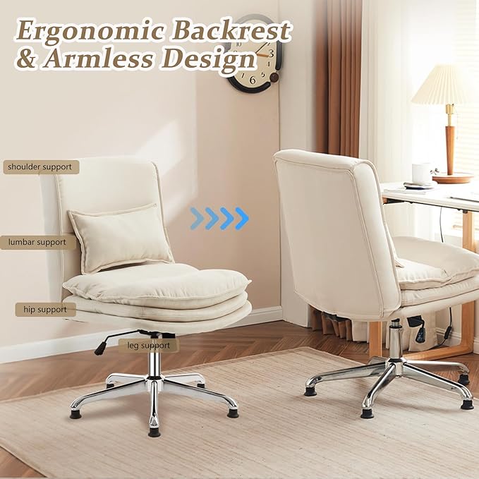 VINGLI Cloud Criss Cross Legged Chair,18" High Back Armless Home Office Desk Chair no Wheel,Wide Adjustable Comfy Padded Seat Task Computer Chair,Modern Swivel Makeup Vanity Chair,Microfiber,Beige