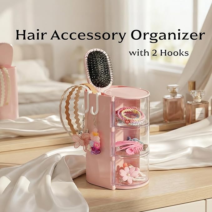 Hair Accessories Organizer with 2 Hooks,3-Layer Rotatable Hair Tie Organizer With Hair Brush Holder,Makeup Brush Holder For Hair Ties,Hair clips,and Hair bows (Pink)