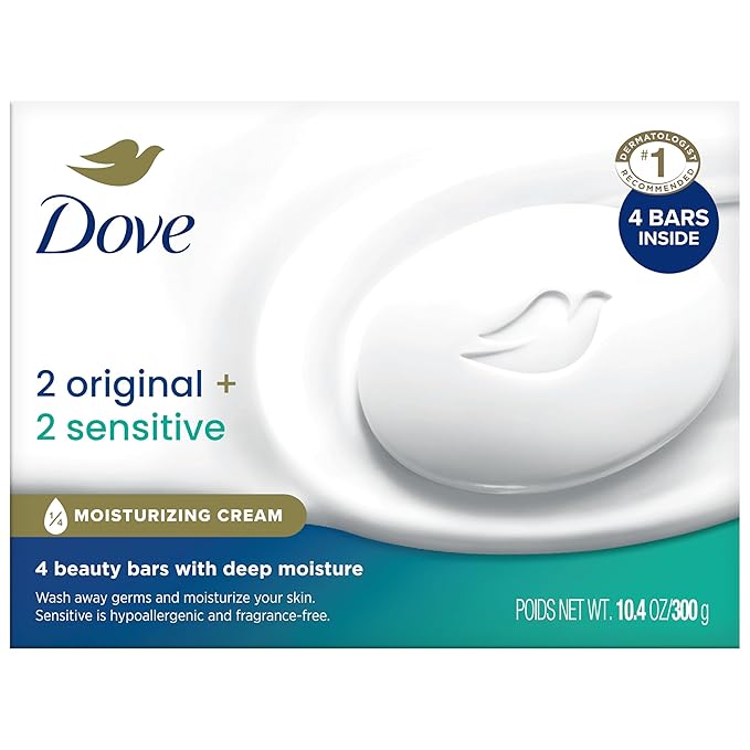 Dove Beauty Bar Soap Variety 8-Pack – Sensitive Skin, Fragrance-Free + Original, with Moisturizing Cream, 2.6 Oz Ea