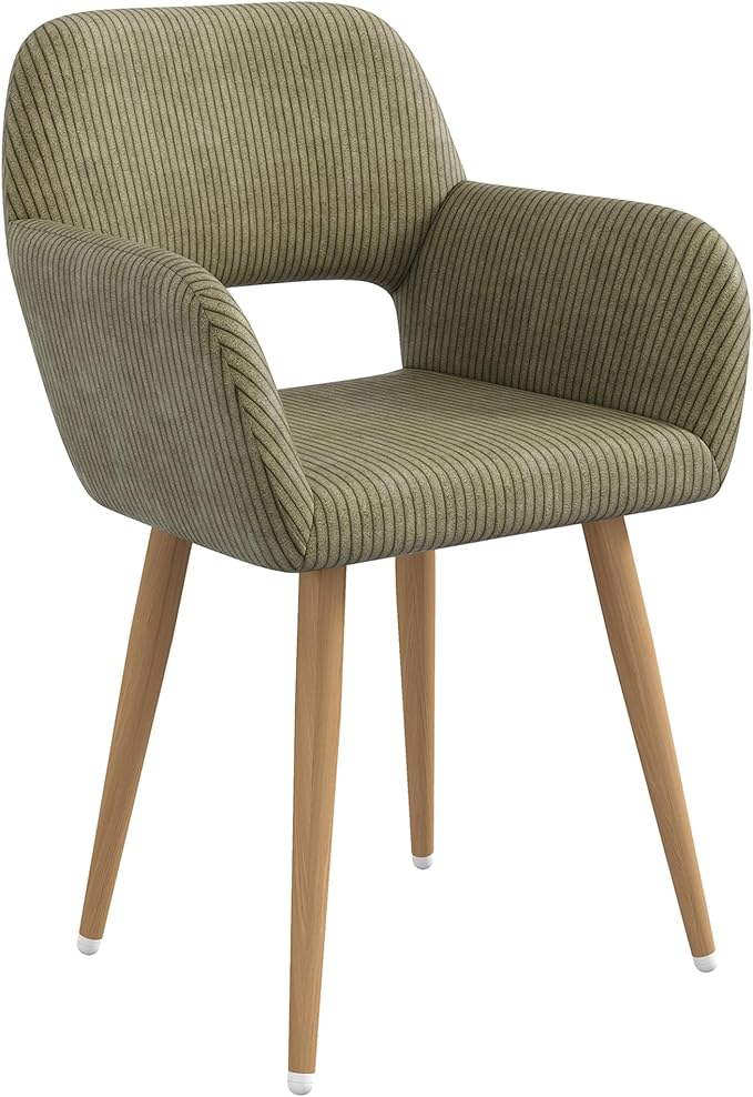 Home Office Desk Chair Set of 1, Corduroy Fabric Vanity Chair for Makeup with Hollow Backrest, Comfy Armchair Wood Frame with Strudy Metal Legs, Dark Green