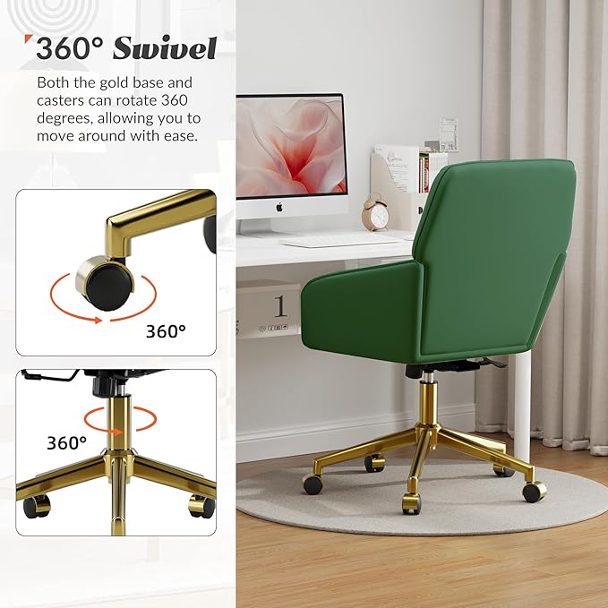 YISHENG Velvet Office Desk Chair with Gold Base, with Wheels,Modern Height Adjustable 360 Degree Swivel Upholstered Vanity Chairs with Arms for Living Room Bedroom,Green