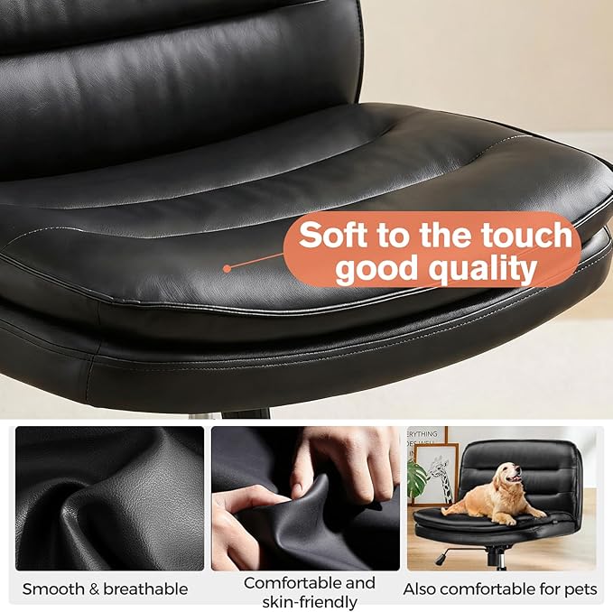 GTPLAYER Cross Legged Office Chair, Armless Desk Chair Cute Vanity Chair with Wheels Computer Chair Comfy Wide Office Chair Adjustable Swivel for Home Computer Task, Pu Light Black