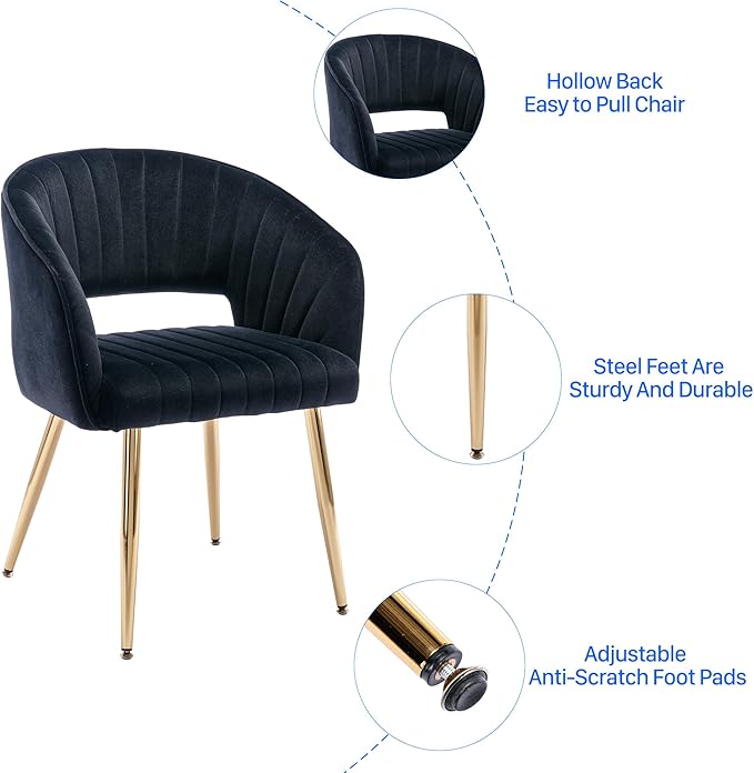 Home Office Chair Velvet Desk Chair Accent Armchair Upholstered Modern Tufted Chairs with Gold Legs for Girls Women Ergonomic Study Seat Computer Task Stools for Living Room(Black)