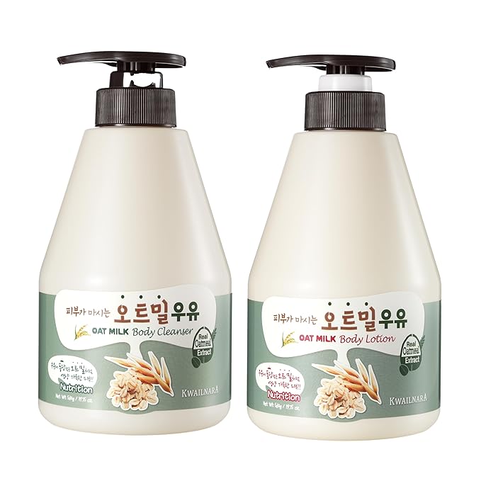 Kwailnara Oat Milk Body Wash & Lotion Set (19.75 Oz Each) – 2-Piece Korean Skincare Duo for Nourished & Soothed Skin | Milk Protein, Royal Jelly & Calming Oat Extract | Paraben-Free