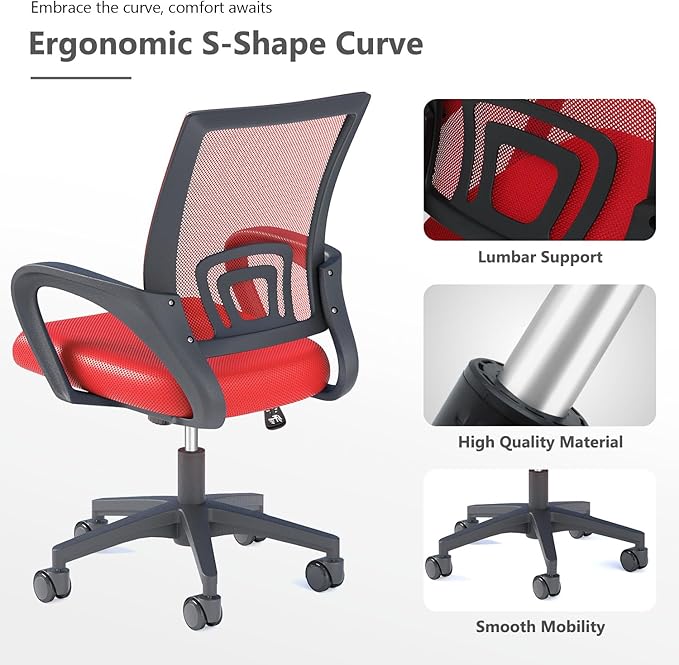 Home Office Chairs, Ergonomic Mid-Back Mesh Desk Chairs with Lumbar Support, Adjustable Swivel Rolling Design, Comfy Armrest for Work, Study, Gaming, Vanity, Red, 2 Pack