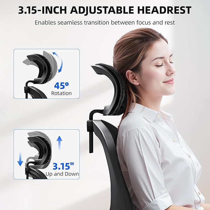 Ergonomic Office Chair, Mesh Desk Chair with Adjustable Headrest & Lumbar Support, Rolling Computer Chair with Flip-up Armrests, Comfy Swivel Home Office Chair for Long Hours (1, Light Black)