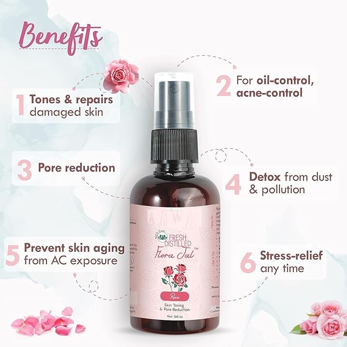 KR 100% Pure Gulab Jal - Rose Water - Toner, Face-Mist, Astringent & Face Spray - Ayurvedic, Steam-Distilled for Oil-Control, Skin Hydration (Pack of 1, 100 ml)