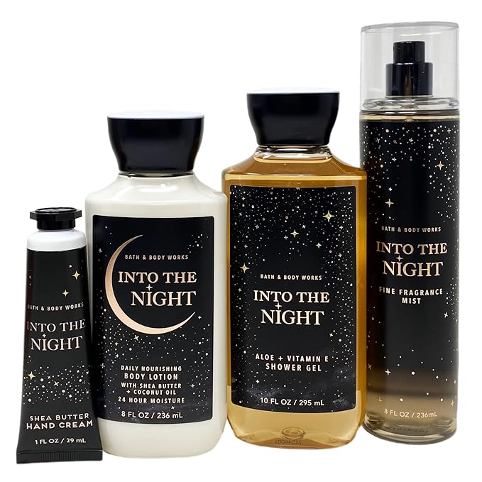 Bath & Body Works Into The Night Deluxe Gift Bag Set - Fragrance Mist - Shower Gel - Body Lotion and Hand Cream - with a Charcoal Scrub Bar Soap - Full Size