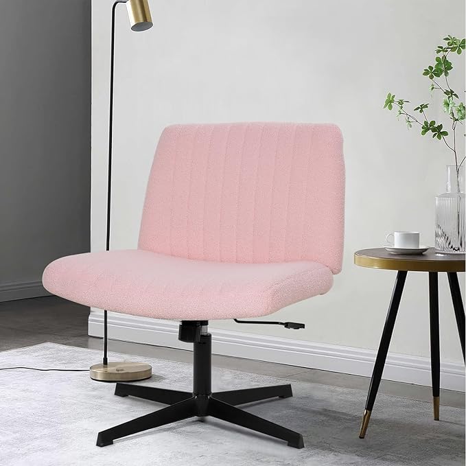 PayLessHere | Criss Cross Chair | Pink | Wide, Armless Desk Chair Without Wheels | 360 Swivel, Height Adjustable & Stable Metal Base | for Office, Home Office, Vanity Seating