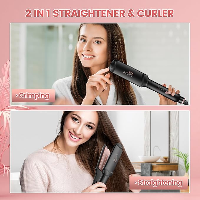 Hair Crimper for Women, 4 in 1 Flat Crimping Iron Plates Ceramic Waver Hair Tool, Hair Straightener Curling Iron with 15s Fast Heating, Rose Gold