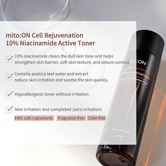 Mito-on Cell Rejuvenation Anti-Aging Toner, 150ml / 5.07 fl.oz - 10% Niacinamide and Resveratrol, Centella + Green Tea for Soothing, Skin Barrier Strengthening and Soft Skin Texture, Korean Skin Care