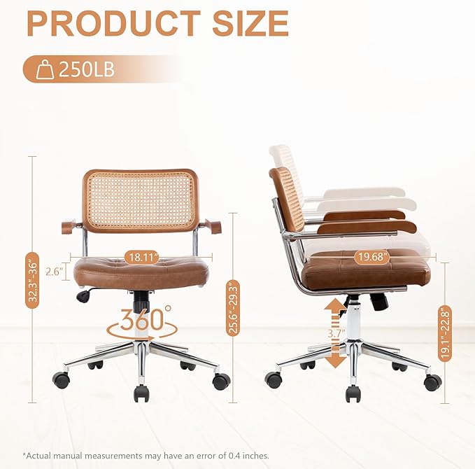 Rattan Office Chairs, Modern Desk Chair with Natural Rattan Back & Wood Armrest, Small Upholstered Tufted Leather Home Office Desk Chairs for Home Ofice, Bedroom, Study (Brown, Genuine leather)