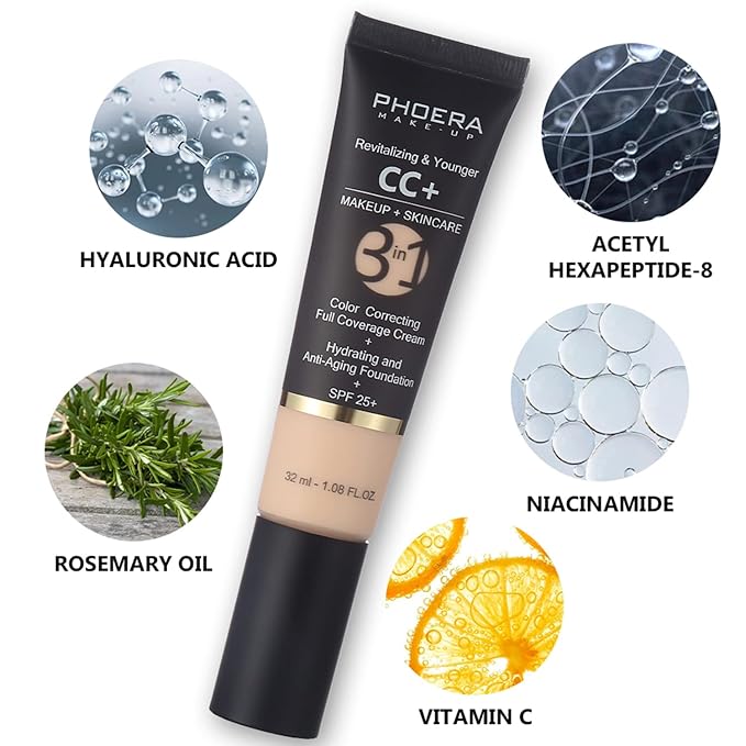 PHOERA CC Cream Foundation With SPF,PHOERA Full Coverage Foundation Color Correcting Cream,Anti Aging Hydrating Serum & SPF 25+ Sunscreen Natural Finish1.08 floz (2PCS 140 Buff Beige)