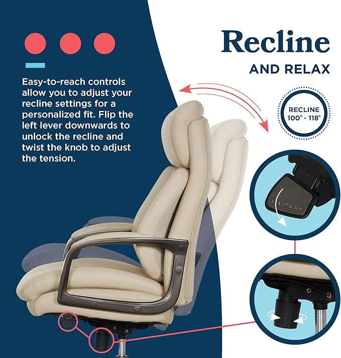 La-Z-Boy Nova Executive Office Chair - Ergonomic High Back Desk Chair with AIR Lumbar Support - Comfortable Computer Chair for Home Office - Vegan Leather - Cream