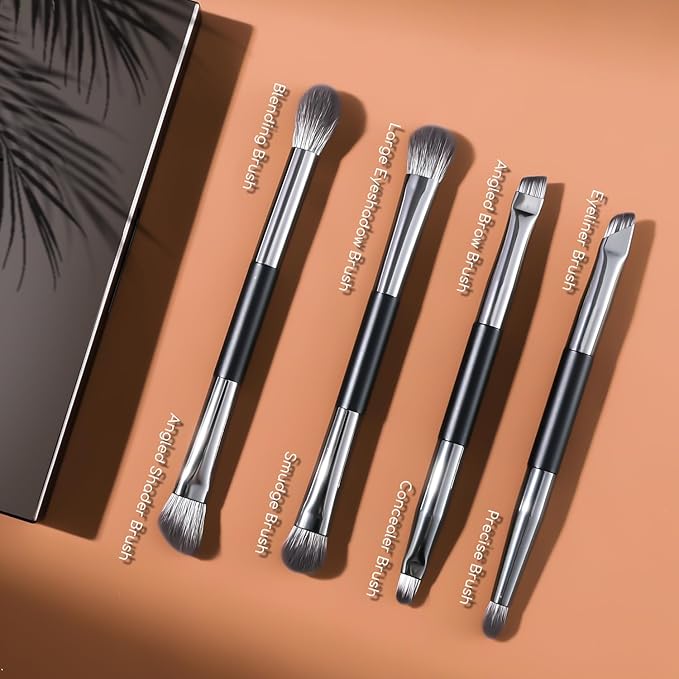 ENERGY Travel Eye Makeup Brush Set Eyeshadow Eyeliner Undereye Concealer Eyebrow Smudge Make Up Applicators for Liquid Cream Powder Blending Double ended Makeup Brushes with Case 4PCS