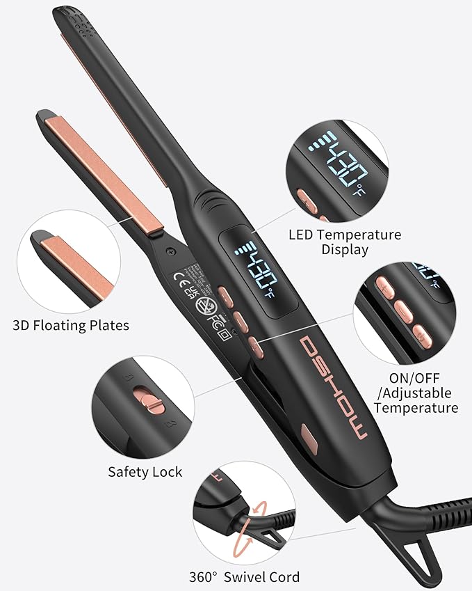 Small Flat Irons for Short Hair, 3/10'' Pencil Flat Iron, Pixie Cut and Bangs, Mini Hair Straightener with LED Display, Tiny Hair Straightener with Temperature Adjustable, Auto Shut Off