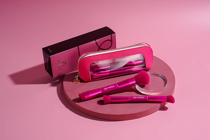 BS-MALL Double-ended Makeup Brush Set With Concealer Brush & Foundation Brush, Eyeshadow Brush- Travel-friendly Multi-purpose Brushes In Makeup Bag For Daily Use (9 PCS Hot Pink)