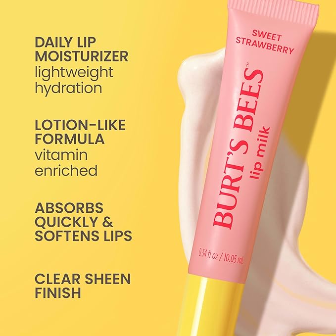 Burt’s Bees Lip Milk, Daily Lip Moisturizer, Sweet Strawberry, Vitamin Enriched Moisturizing Lip Balm with Almond Milk and Jojoba Oil, Hydrating for Softer Lips, 1 Tube, 0.34 Fl Oz