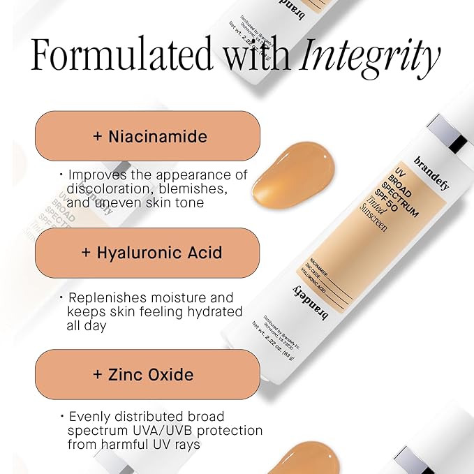 Brandefy UV Tinted SPF 50 Face Sunscreen - Hydrating Sheer-Tinted Face Moisturizer, Broad Spectrum with Clear Zinc Oxide, Niacinamide & Hyaluronic acid, Made in The USA (2.22 Oz)