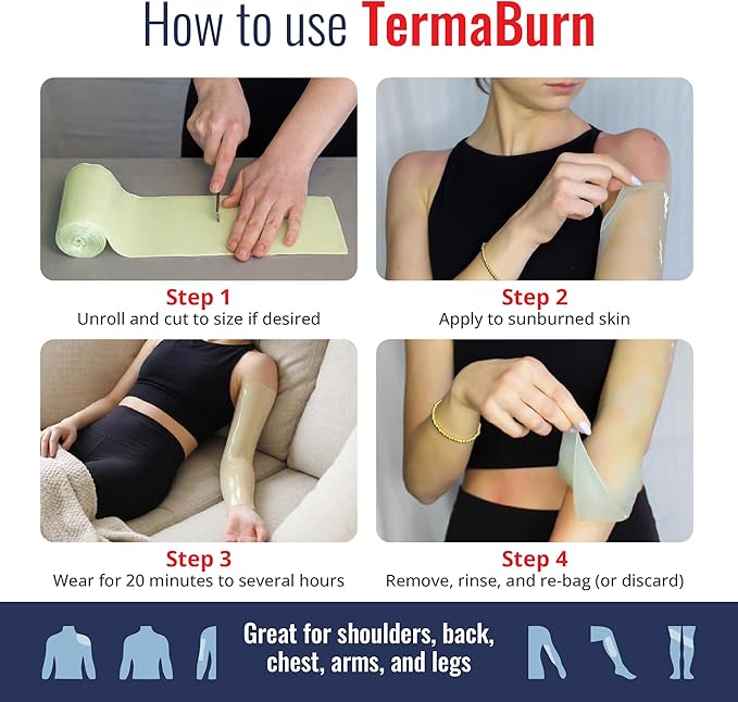 TermaBurn Aloe Wrap for Sunburn Relief – Hydro-Gel Aftersun Treatment with 100% pure aloe vera Gel | Second Skin aloevera gel for burns and peeling irritation | Great for Tattoo Aftercare and Sun Care