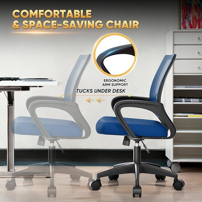Magshion Ergonomic Office Desk Chair, Mid-Back Mesh Computer Chair, Swivel Chair with Breathable Backrest & Lumbar Support, Adjustable Height for Gaming, Work, Study, 300 Lbs Capacity, Navy Blue