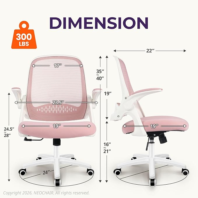 NEO Chair Office Desk Computer Gaming Ergonomic Chair with Lumbar Back Support Adjustable Height Swivel Wheels Flip-up Arms Mesh Chair for Home or Office (Pink)