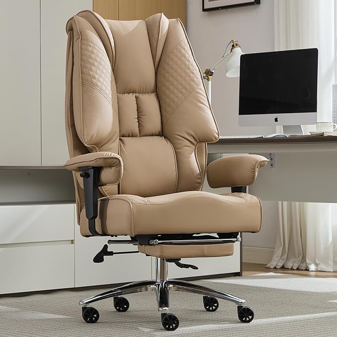 Big and Tall Office Chair 400lbs Wide Seat, Leather High Back Executive Office Chair with Foot Rest, Ergonomic Chairs Lumbar Support for Lower Back Pain Relief, All-Day Comfort (Brown)