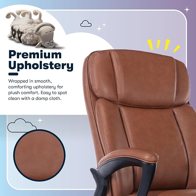 Serta Fairbanks Big & Tall Executive Office Chair, Ergonomic High-Back with Lumbar Support, Semi-Plush Seat Cushion and Body Pillows, Padded Armrests, Nylon Swivel Base, Bonded Leather, Cognac Brown