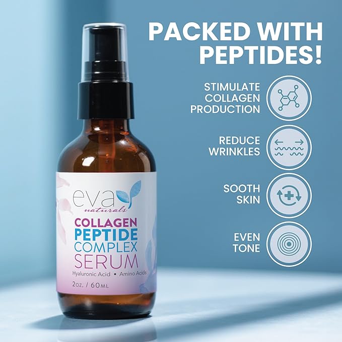 Eva Naturals Multi Peptide Face Serum – Anti Aging Collagen Peptides for Plump & Firm Skin Elasticity, Wrinkle & Fine Line Renewal, Fragrance Free Firming Facial Skincare - 2 oz