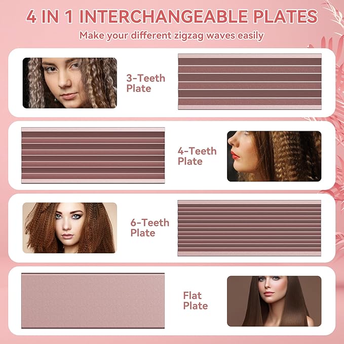 Hair Crimper for Women, 4 in 1 Flat Crimping Iron Plates Ceramic Waver Hair Tool, Hair Straightener Curling Iron with 15s Fast Heating, Rose Gold