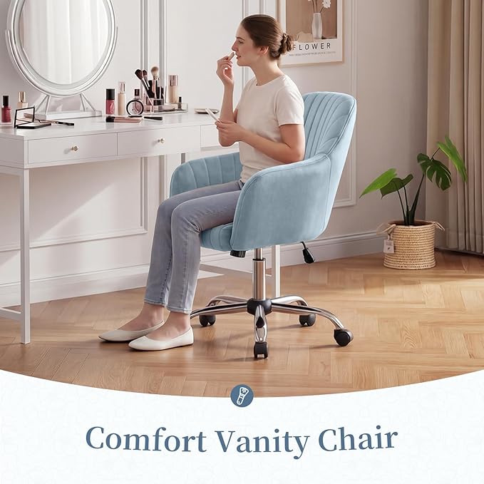 Warmiehomy Velvet Desk Chair for Home Office, Modern Adjustable Swivel Task Chair, Women Vanity Chairs with Arm Rest for Bedroom Dressing Room, Light Blue
