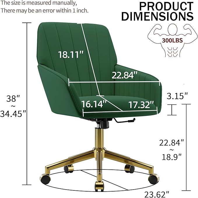 YISHENG Velvet Office Desk Chair with Gold Base, with Wheels,Modern Height Adjustable 360 Degree Swivel Upholstered Vanity Chairs with Arms for Living Room Bedroom,Green