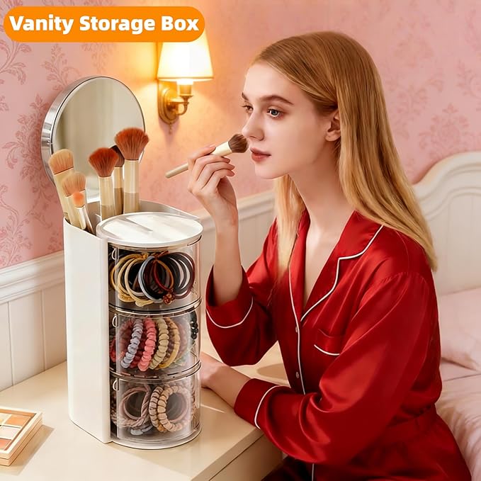 3-Layer Rotating Makeup & Jewelry Organizer with Hair Brush Holder, Vanity Organizer for Earrings, Necklaces, Rings, Bracelets, Hair Clips and Makeup Brushes (White)