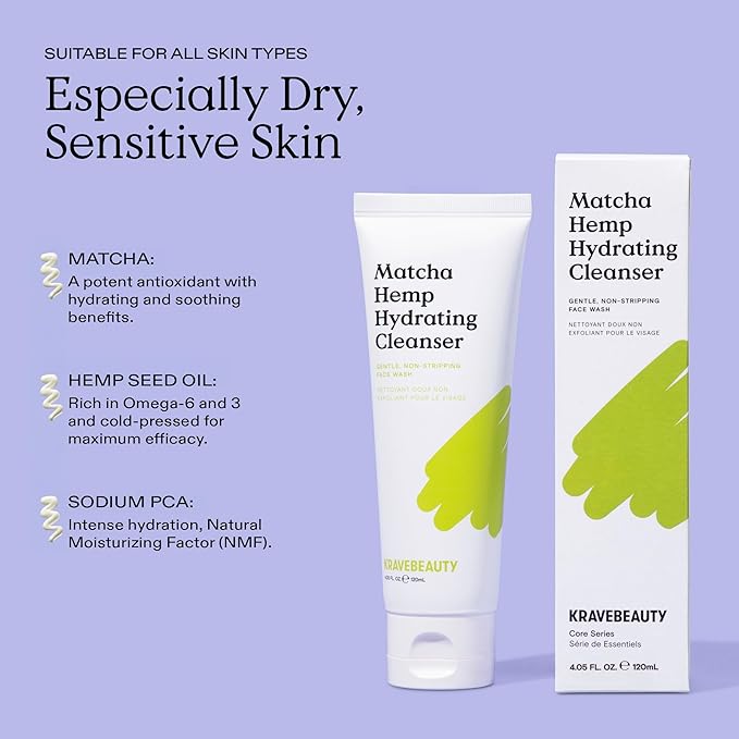 KraveBeauty Matcha Hemp Hydrating Cleanser for Dry or Sensitive Skin, Gentle, Non-Stripping Face Wash with Matcha, Hemp Seed Oil & Glycerin, Fragrance Free, 120ml