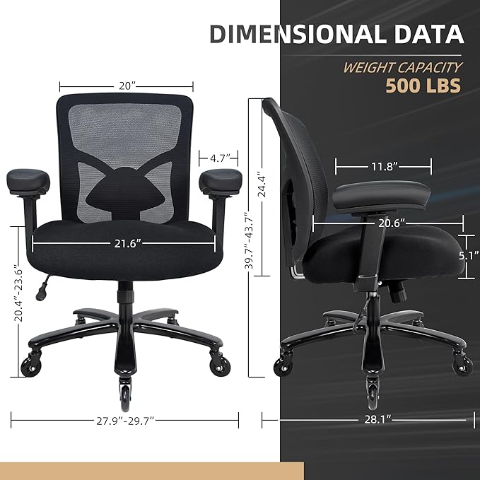 500LBS Big and Tall Office Chair with 4D Armrests & Adjustable Backrest, Heavy Duty Office Chair for Heavy People, Memory Foam Seat Filling Springs, Black