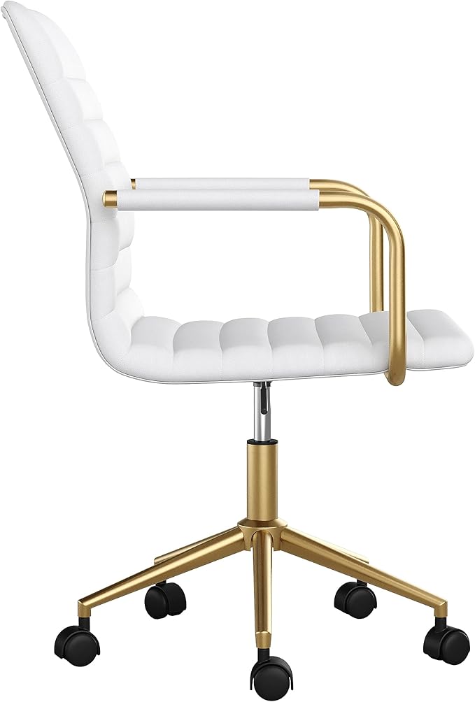 Martha Stewart Taytum Swivel Task Chair with Armrests for Home Office in White Faux Leather with Polished Brass Frame