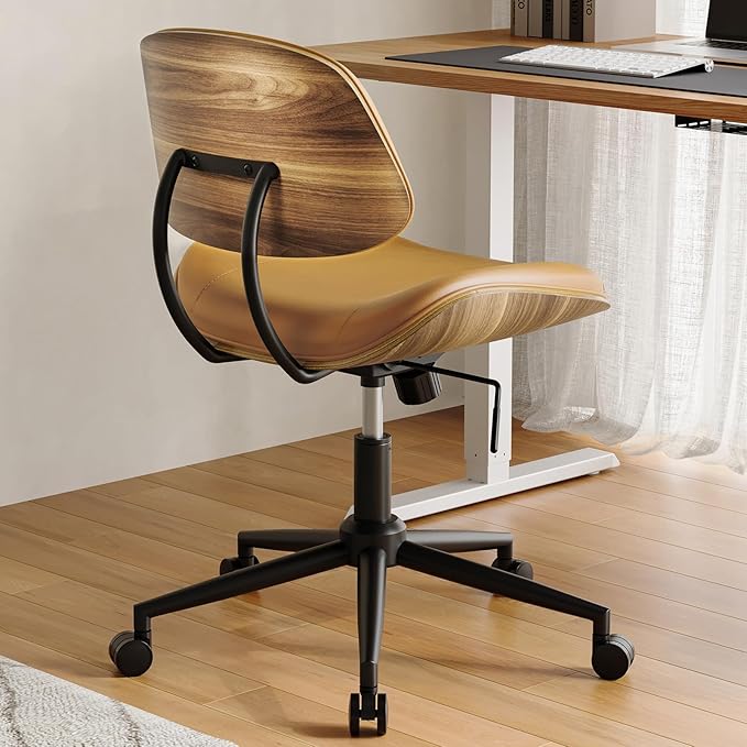 Armless Office Chair with Wheels, PU Leather Adjustable Height Desk Chair - 360° Swivel Ergonomic Computer Chair for Small Space, Modern Walnut Style, Home & Meeting Room, Brown