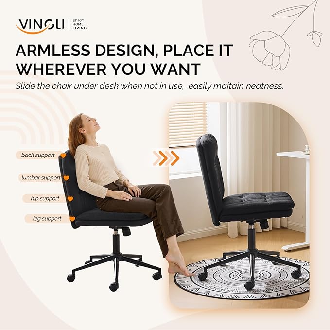 VINGLI Mid Back Armless Office Desk Chair with Wheels/no Wheels,360°Rocking Swivel Vanity Chair with Thickened Cushion,Adjustable Height Rolling for Reading Room, Make up, Linen Black
