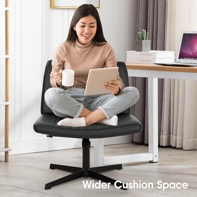 PayLessHere | Criss Cross Chair | Black | Wide, Armless Desk Chair Without Wheels | 360 Swivel, Height Adjustable & Stable Metal Base | for Office, Home Office, Vanity Seating