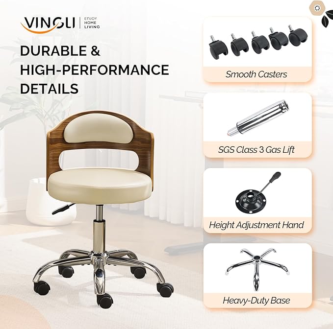 VINGLI Armless Home Office Desk Chair, Adjustable Swivel Chair,Dual-Use with/no Wheels,Small Retro Designed Walnut Curved Task Chair,Cushioned Nail Tech Chair for Study Area,Workspace,PU,Ivory White