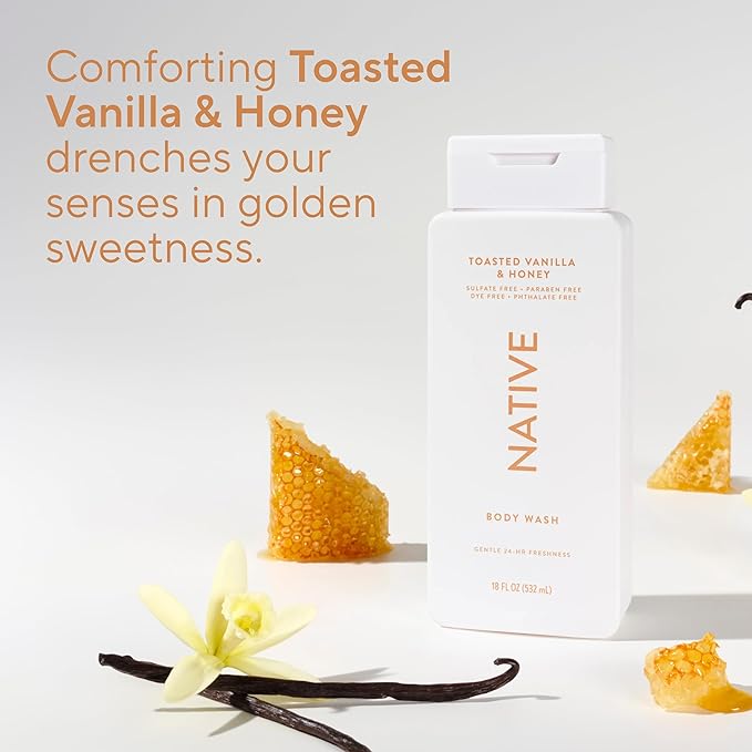 Native Body Wash Contains Naturally Derived Ingredients | For Women & Men, Sulfate, Paraben, & Dye Free Leaving Skin Soft and Hydrated | Toasted Vanilla & Honey 18 oz