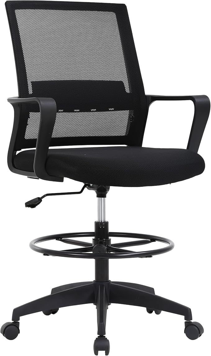BestOffice Drafting Chair Tall Office Chair Adjustable Swivel Rolling Mesh Height with Lumbar Support Arms Footrest Mid Back for Adults Standing Desk Drafting Stool(Black)