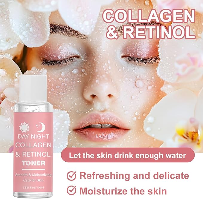 Day Night Collagen & Retinol Toner for Face – Hydrating Facial Toner with Hyaluronic Acid – Smooth Moisturizing Toner for Women – Firming and Nourishing Skin Care – Daily Water Holding Essence 100ml