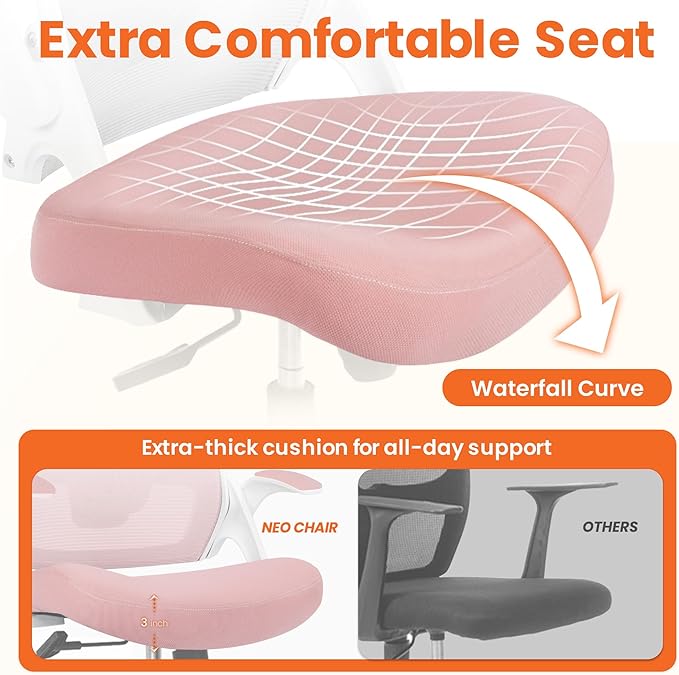 NEO Chair Office Desk Chair Computer High Back Mesh Gaming Seat with Ergonomic Adjustable Comfy Flip-up Armrests Lumbar Support Height for Home (Headrest Pink)