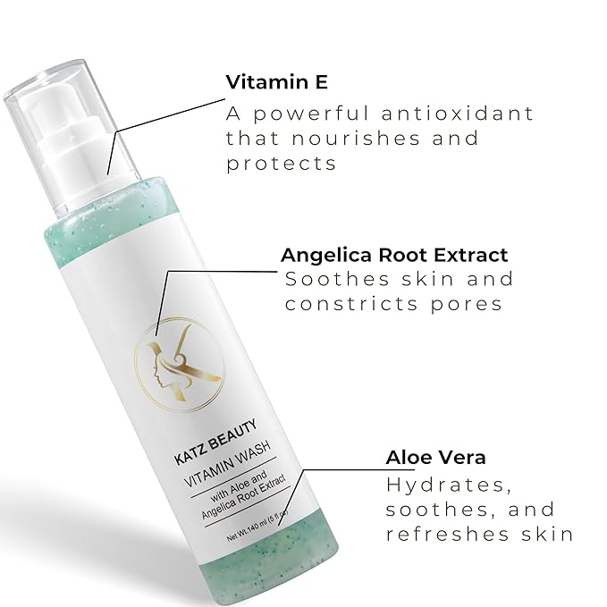 Katz Beauty Vitamin Wash, 5 fl oz - Gentle Face Cleanser with Aloe, Angelica Root & Vitamin E for Sensitive, Oily & Dry Skin, Travel-Size Hydrating Wash